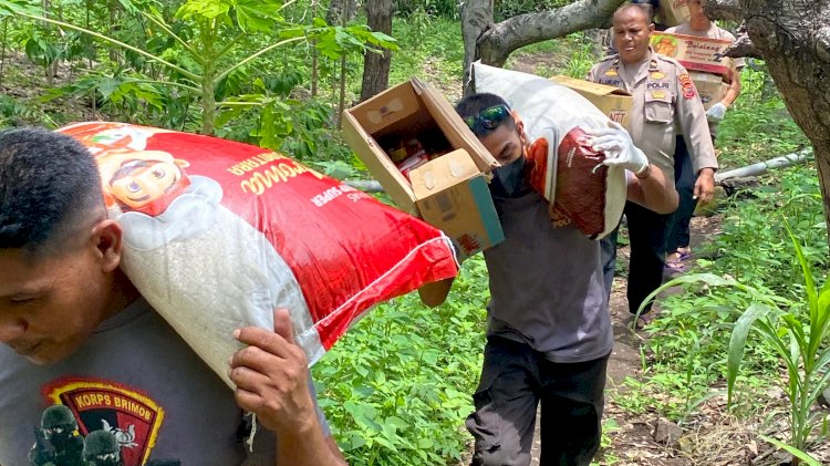 Polres Flotim Beri Bantuan Sosial untuk Pengungsi Mandiri di Kebun Desa Konga.-